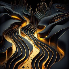 Wavy abstract art in black and gold colour theme. Black and gold metallic fluid flow abstract. Generative AI.