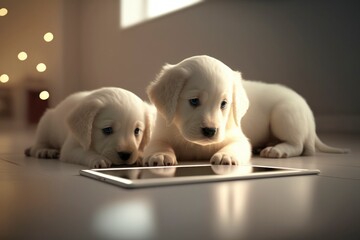 Cute puppy (golden retriever) dog playing tablet on floor of domestic room,closeup, depth of filed, Pet and technology concept, Generative AI