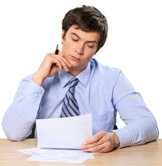 Poster - Businessman Sitting and Working with Documents - Isolated