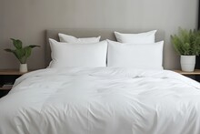  Bed With White Pillows In Hotel, Ai Generative