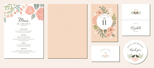 Wall Mural - Menu, table number and name place card design. Floral wedding templates. In warm colors perfect for an autumn or summer wedding and birthday invitations, and baby shower. 