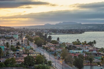 Canvas Print - Aerial shot of Matanzas city in Cuba and the sea under the sunset sky