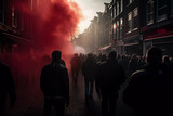 Fototapeta  - Ultras Hooligans Football Fans Mob masked and black dressed burning some pyrotechnics