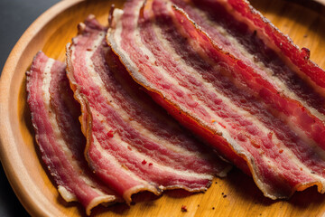 Delicious slices of smoked bacon on a wooden table. Generative AI