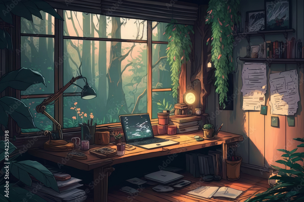 Mellow Indoor Setting Cluttered Workspace Window Panorama of a Woodland ...