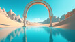 Abstract fantastic background. Desert landscape with sand water and mirror arches under the clear blue sky. Generative AI.