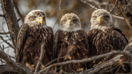 Wall Mural - Three bald eagles sitting in a tree. Generative AI