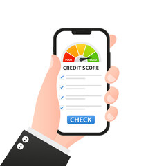 Poster - Bad credit score online on smartphone, flat cartoon mobile phone with credit history document, cellphone with financial rating personal data. Flat style. Vector illustration