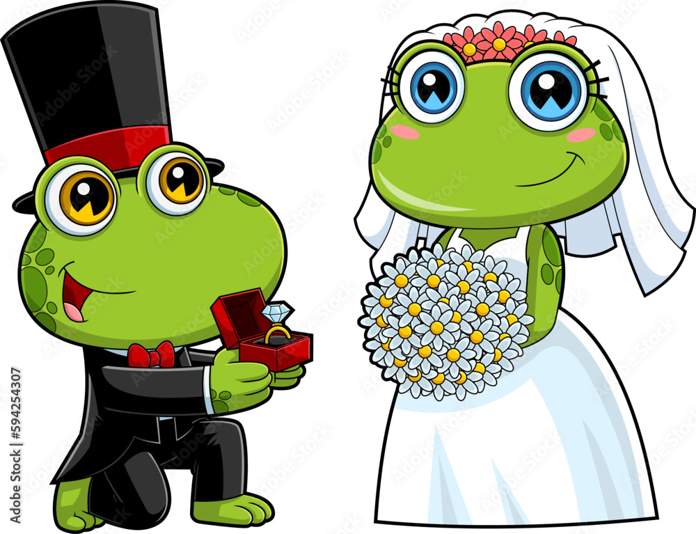 Cute Frogs Cartoon Characters Newlyweds. Vector Hand Drawn Illustration ...