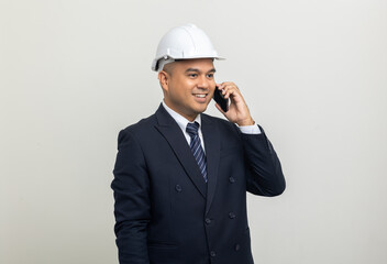 Wall Mural - Businessman manager owner real estate working with cell phone on isolated white background. Cooperation of architect designer. Engineer with smartphone checking at working construction site