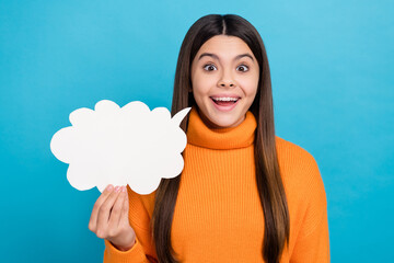 Sticker - Photo of crazy ecstatic impressed girl with long hairstyle wear knit turtleneck hold mind cloud staring isolated on blue color background