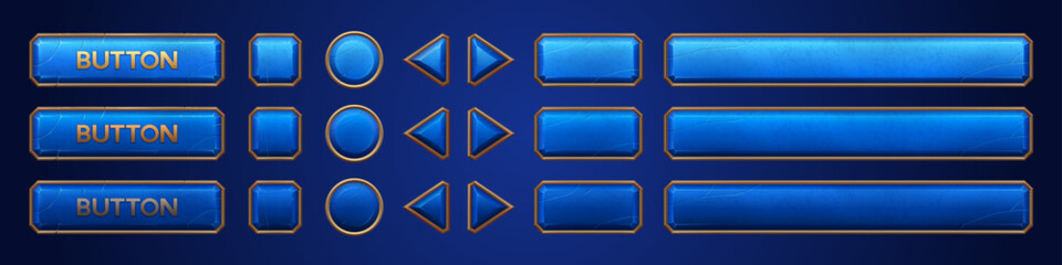 Poster - blue ui vector button animation for game interface cartoon set. hover banner gold frame design isola