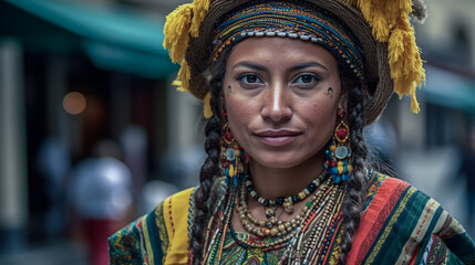 Portrait of beautiful Colombian woman in national costume. Traditional colorful clothes, makeup and jewelry. Generative AI. High quality illustration