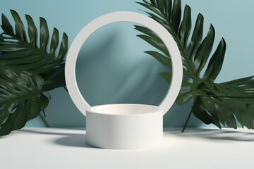 3d render top view of white blank cylinder frame for mock up and display products with shadows of palm leaves and white blue background. Generative AI