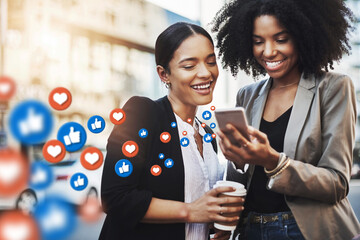 Aufkleber - City, social media icon or women with phone for communication, online content or gossip news. Black woman, friends or happy people on mobile app or digital network with memes, like or heart emoji