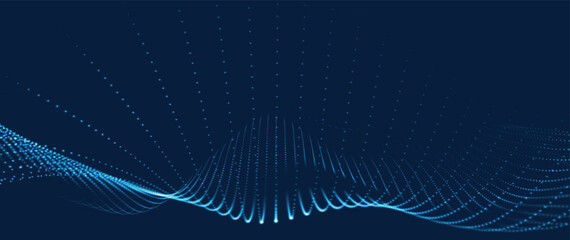 Poster - Wave of particles. Futuristic dots pattern on dark background. Big data digital code. Technology or Science Banner. 3D rendering. Vector illustration.