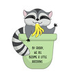 Icon sticker funny, there is a cunning raccoon in the trash. Cartoon. Vector. Characters. Isolated objects