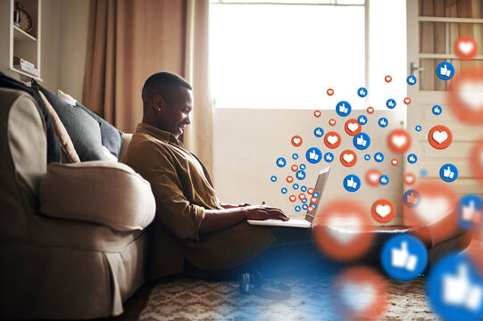 Home, social media icon or black man on laptop for communication, text conversation or online dating. Like, graphic overlay or relaxed happy person on website or digital network app with heart emoji