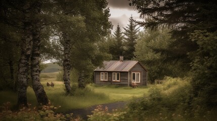 Wall Mural - Picturesque Icelandic wooden cottage, serene forest, vibrant green foliage. generative ai