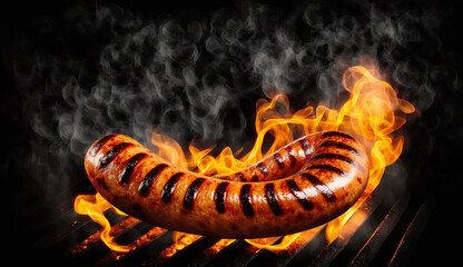 Barbecue juicy sausage on grill fire with smoke on black background. Copy space. Based on Generative AI