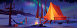 © klyaksun - Northern lights camping and night illustration. North polar camp with bonfire and aurora sky in park. Nordic borealis scene landscape vector background. Scandinavian campfire recreation in snow