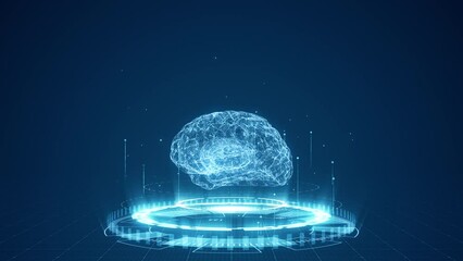 Poster - Motion graphic of Blue digital brain logo and circle futuristic HUD with Ai chatbot and machine learning technology with artificial intelligence and robot icon concepts on abstract background