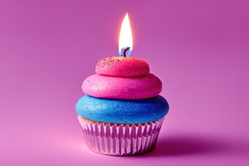 Wall Mural - a cupcake with a single candle sticking out of it colorfully, generative ai