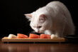 A hungry white cat eating sushi in a kitchen. Generative AI