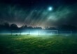 Old deserted soccer field with fog and mist under the moonlight night. AI generated
