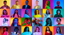 Collage Made Of Different People Of Diverse Age, Gender, Race And Nationality. People Smiling Over Multicolored Background In Neon Light. Concept Of Emotions, Human Rights And Equality, Youth, Ad