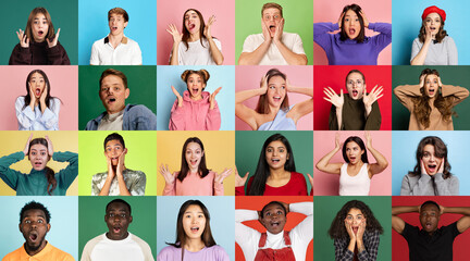 Wall Mural - Shock, surprise. Collage made of astonished people of different age gender, race and nationality posing over multicolor background. Concept of emotions, human rights and equality, youth, ad