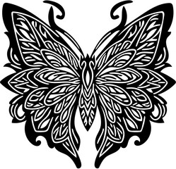 Wall Mural - Black and white retro illustration of butterfly in tribal style, tattoo art, vector drawing 