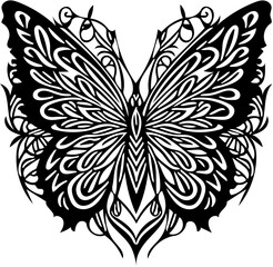 Wall Mural - Black and white retro illustration of butterfly in tribal style, tattoo art, vector drawing 