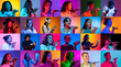 © master1305 - Online communication. Collage made of diverse people of different age, gender and nationality, using gadgets over multicolored background in neon light. Concept of emotions, human rights and equality