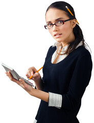 Sticker - Portrait of young cute business woman at work isolated on white background