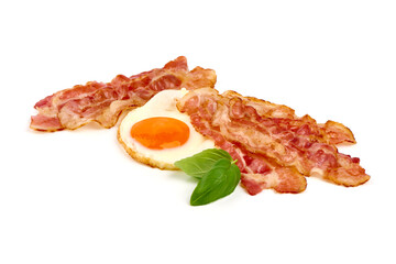 Wall Mural - Fried Bacon with eggs, american breakfast, isolated on white background.