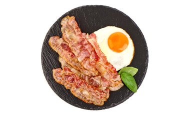 Wall Mural - Fried Bacon with eggs, american breakfast, isolated on white background.