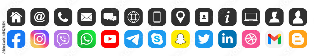 Connect Icons.Contact us icon set.Contact and Communication Icons.Set of Communication icon.Set of Social media icon:Facebook,Instagram, Twitter, Youtube,Whatsapp.Set of Icons for social networking .