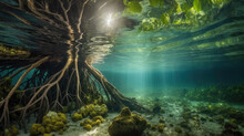 Mangrove Tree And Roots Under Water Surface Green Foliage With Generative AI Technology