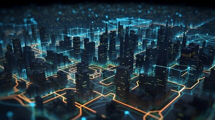 smart city on a dark blue background, featuring intelligent infrastructure and connected buildings. 