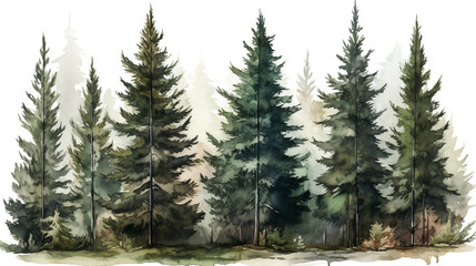 Watercolor pine tree forest. Generative AI.