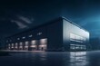 Industrial building under evening sky. Warehouse hangar exterior. Factory room with storage racks. Empty warehouse outside view. Warehouse building design concept. Industrial real. Generative AI