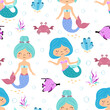 cartoon vector seamless pattern with cute mermaids