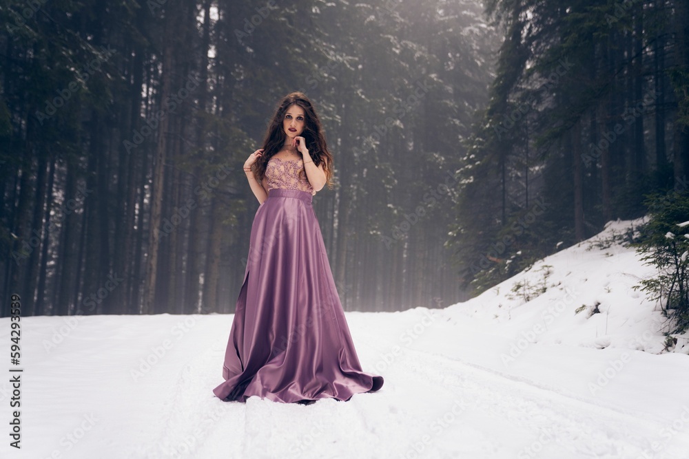 princess polly baby blue dress Female in a purple satin dress against winter landscape, forest snowy trail  Stock Photo