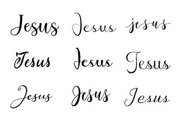 Wall Mural - Set of texts with the name Jesus in different typographic fonts; beautiful calligraphy of the word Jesus