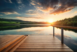 Fototapeta Na ścianę - Sunset seen from a deck over a lake, Generative AI