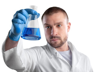 Poster - Scientist man with liquid in researcher test tube