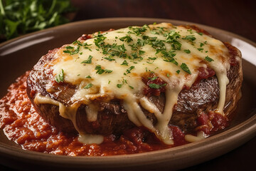 Parmegiana Steak also known as Filet Parmegiana in a brown plate on a rustic wooden background, cheese and tomato sauce. Soft light, angle view. generative ai