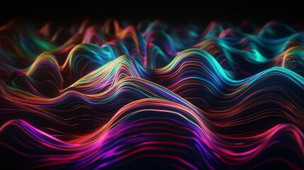 Poster - Abstract fluid iridescent holographic neon curved wave in motion colorful background 3d render. Generative ai