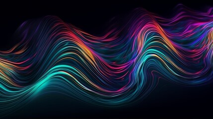 Poster - Abstract fluid iridescent holographic neon curved wave in motion colorful background 3d render. Generative ai